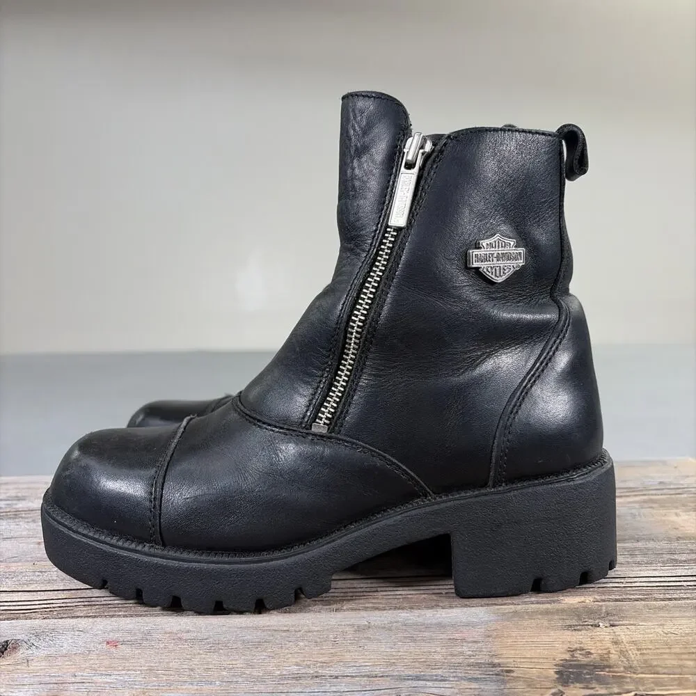 Harley Davidson Womens Black Leather Side Zip Biker Boots Size 7.5 Ankle Charity